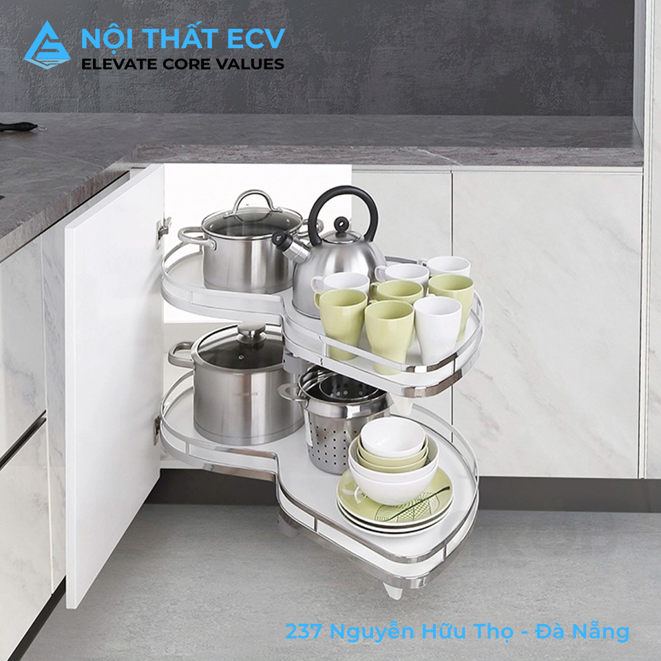 Kệ Mâm Xoay Góc Hình Lá Inox 304, Nan Dẹt, Đáy Melamin, Inox Mờ GROB GX304-90L, GX304-90R